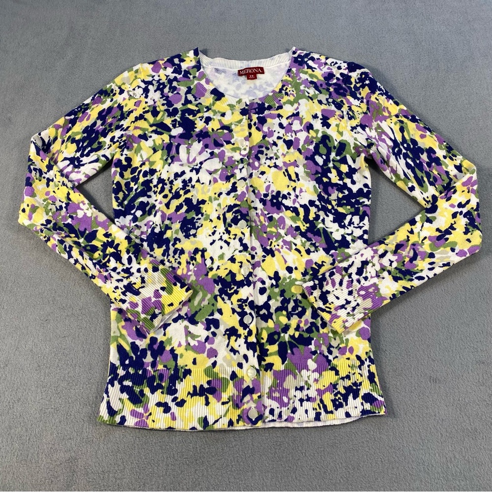 Merona Women’s Purple & Yellow  Floral Button Up Cardigan, Long Sleeves, size XS